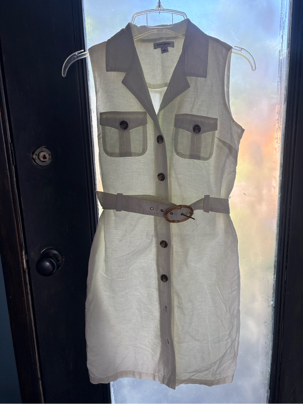 Banana Republic Cream and Taupe Linen-Blend Dress with Taupe Label